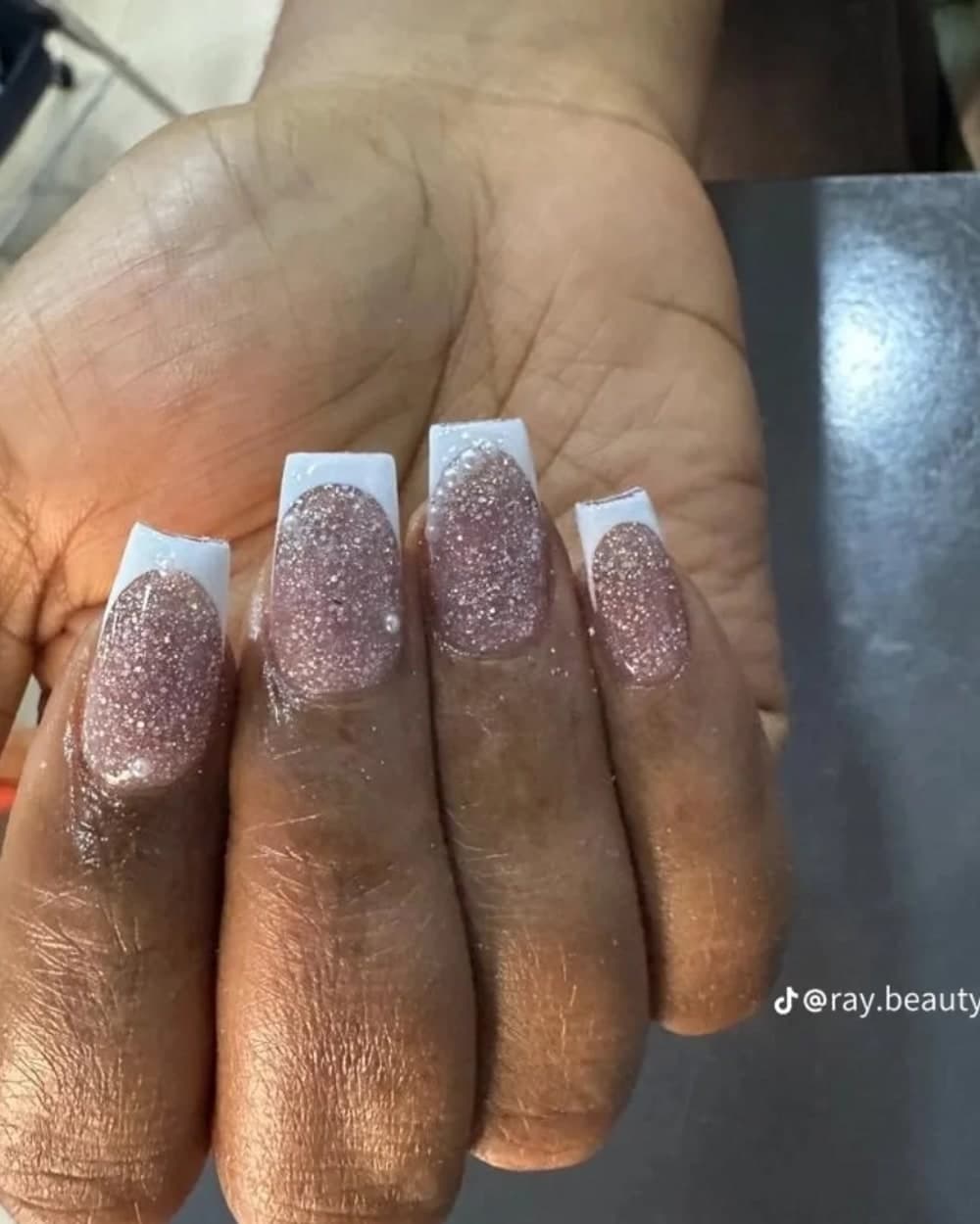Rose Glitter & Pearl French Acrylics - nails