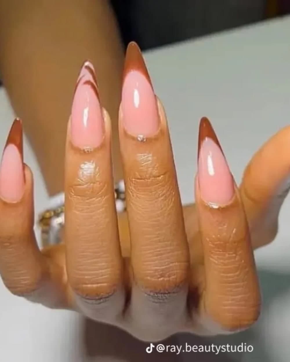 Chocolate Brown Stiletto French Tips - nails